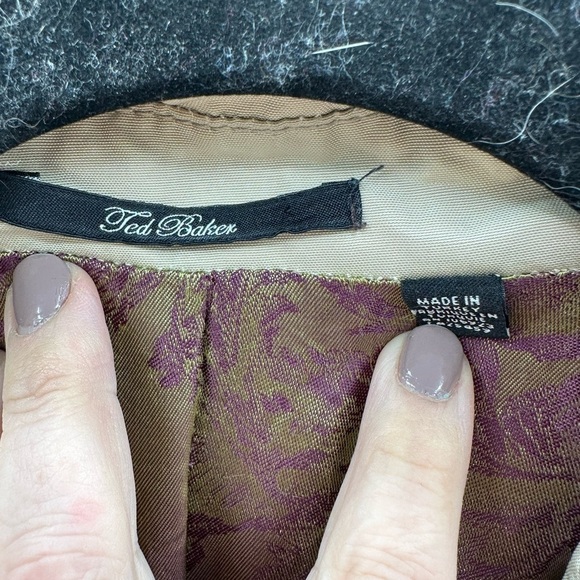 Ted Baker khaki button down purple lined midi length jacket. 3 (med) 38 - Picture 12 of 16